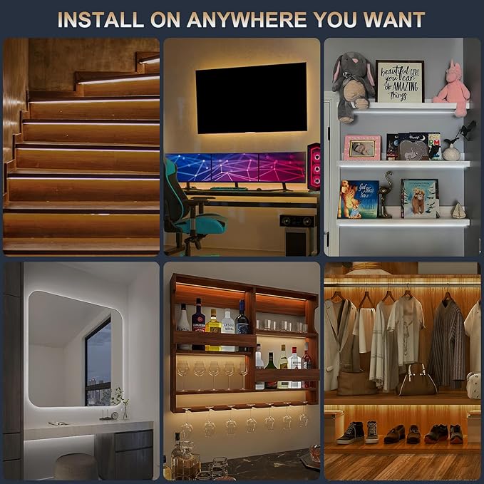 Under Cabinet Lights Wireless Battery Powered, Led Strip Lights with Remote, 20 inch Shelf Closet Lights Dimmable, 3 Color &12 Modes Cabinet Lighting for Shelves Drawer Wardrobe Hallway