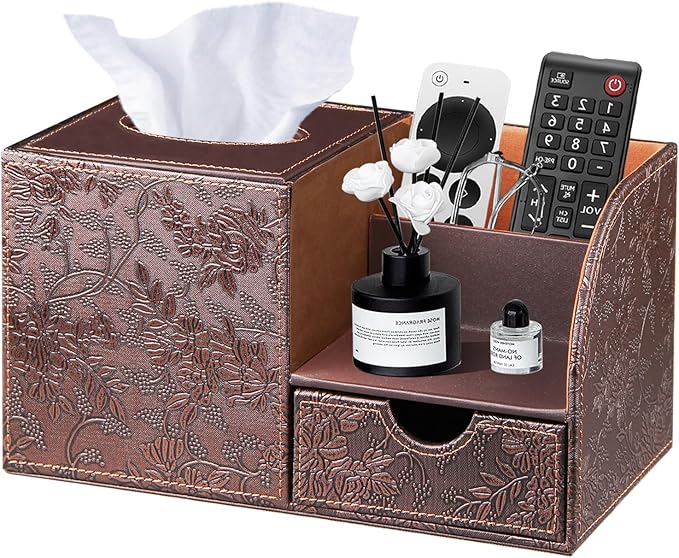 YAPISHI Square Tissue Box Cover with Storage Drawer, PU Leather Facial Tissues Cube Boxes Holder Modern Makeup Remote Control Holder, Nightstand Organizer Caddy for Bathroom Vanity, Office, Home Decor
