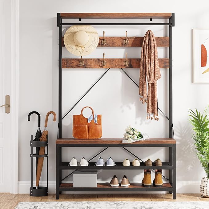 IDEALHOUSE Coat Rack Shoe Bench Industrial Hall Tree Storage Bench for Entryway Wood Look Accent Large Shoe Rack with Storage Shelf Hanging Bar,8 Hooks Grey 39.9"x15.7"x72"
