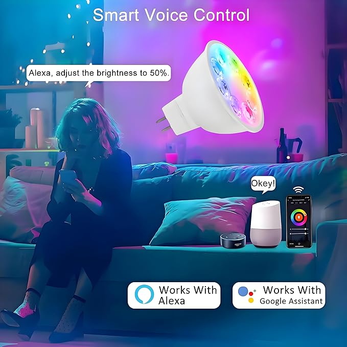 Smart MR16 LED Bulb Dimmable Color Changing, 12V Gu5.3 Bi-pin Base, WiFi & Bluetooth LED Bulbs Work with Alexa Google, Color Changing Sync with Music, for Living Room, Bedroom, Office,Hotel etc. 2Pack