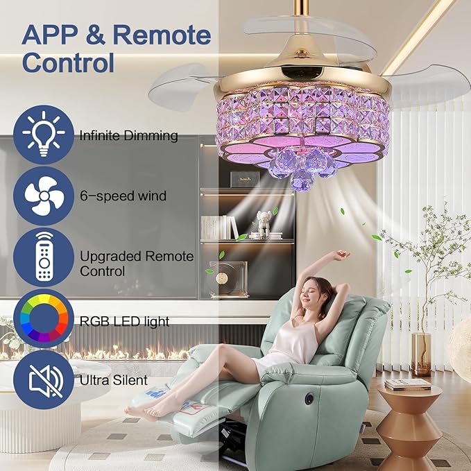 30" RGB Retractable Crystal Ceiling Fan with Light Dimmable Bluetooth Chandelier Fan, 6-Speed Timer, APP Remote Control for Bedroom,Gold