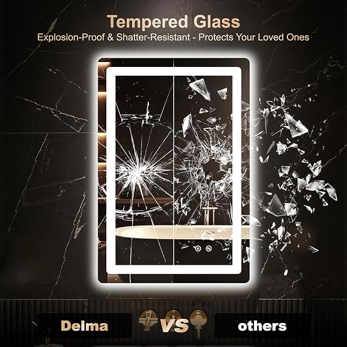Delma LED Bathroom Mirror with Lights, 30x20 Vanity Mirror for Bathroom Wall, Anti-Fog, Dimmable, Front Lit & Backlit, Memory Function, Shatterproof Tempered Glass, 3 Color Modes(Horizontal/Vertical)