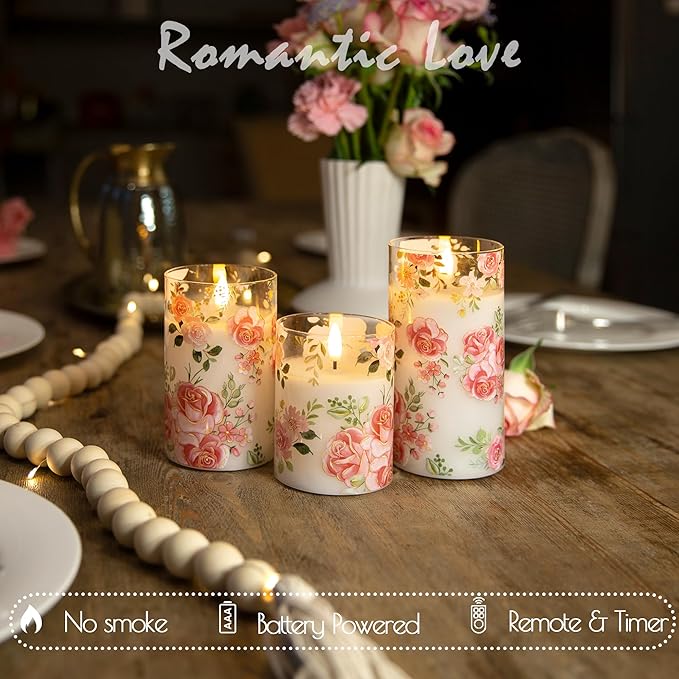 Flameless Candles with Remote, Battery Operated Glass Candles Pink Rose Flickering LED Candles Real Wax Floral Christmas Decor Electric Pillar Candles Set of 3