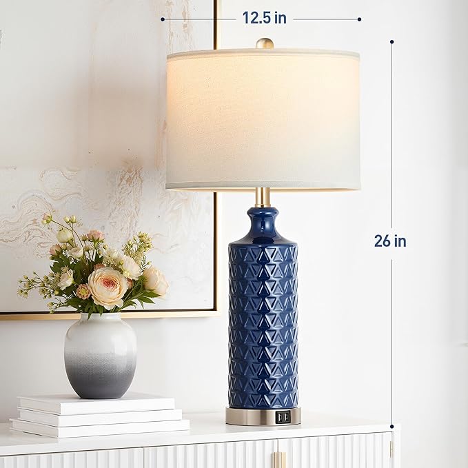 PARTPHONER Touch Control Table Lamp Set of 2, Modern Contemporary Ceramic Bedside Lamps with 2 USB Ports, 3-Way Dimmable Nightstand Lamp with White Fabric Shade for Living Room, Bedroom, Navy Blue
