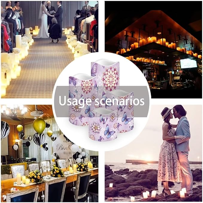 Purple Butterfly Floral Plastic Flameless Candles with Remote Control and Timer LED Flickering Battery Electric Pillar Candles for Table Home Decoration