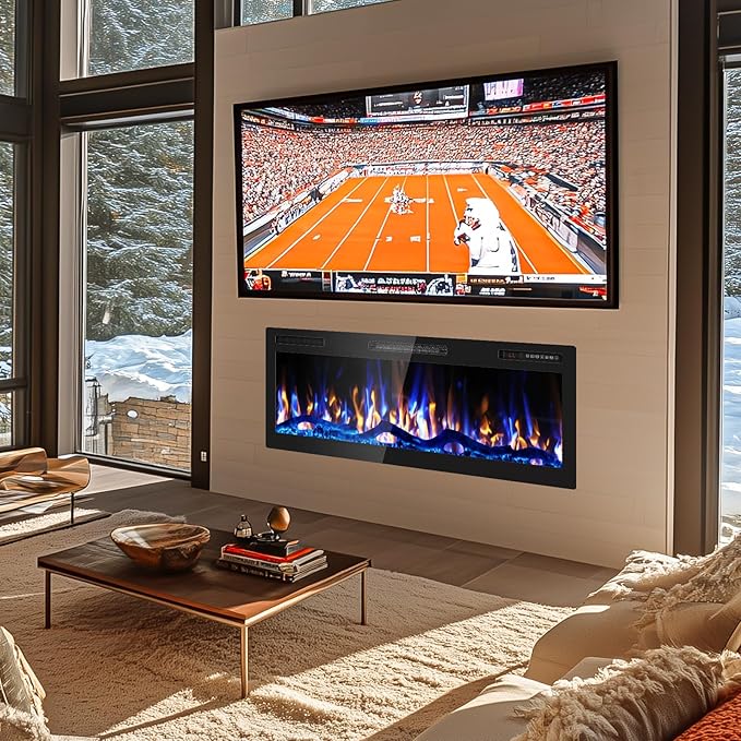 42" Smart WiFi Electric Fireplace with Sound Crackling Narrow Bezel Recessed and Wall Mounted Fireplace Heater with App, Remote Control, Log Flame Option, 750/1500W