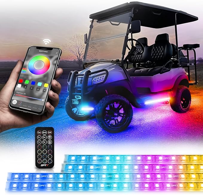 OPT7 12V Aura DreamColor Golf Cart Underglow LED Light Kit with App & Remote Control, 4PC Waterproof Multicolor Light Strips, Music Neon Accent Chasing Lighting for EZGO Yamaha Club Car, Easter Gift