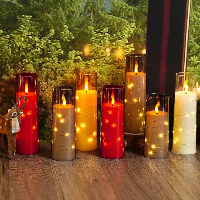 Flameless Candles with Embedded Star String - Battery Operated LED Candles, with Remote,12 Red Flickering Candles for Christmas, Weddings, Home Decor & Party,(D 2.3"×H 5" 6" 7")