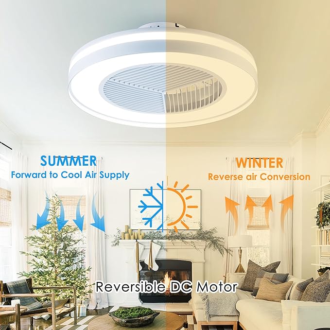 Smart Low Profle Ceiling Fans with RGB Lights Remote/APP/Voice Control, 20" Bladeless Ceiling Fans with 6 Speeds, Timer, Quiet DC Motor, Ceiling Fan with Light for Kids Bedroom/Living Room