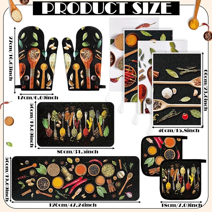 Fourluoo 10 Pcs Farmhouse Kitchen Decor and Accessories Set 4 Kitchen Towels 2 Pot Holders 2 Oven Mitts 2 Rugs for Cooking Baking Mom Housewarming Gifts(Vivid Color,Colorful Spices)