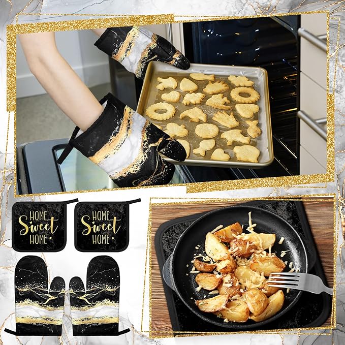 Bencailor 6 Pcs Marble Kitchen Decor Gold Pot Holders Oven Mitts 2 Dish Towels 2 Farmhouse Cooking Mittens Oven Glove and Potholder for Baking Cooking Grilling Supply Accessories(Black)