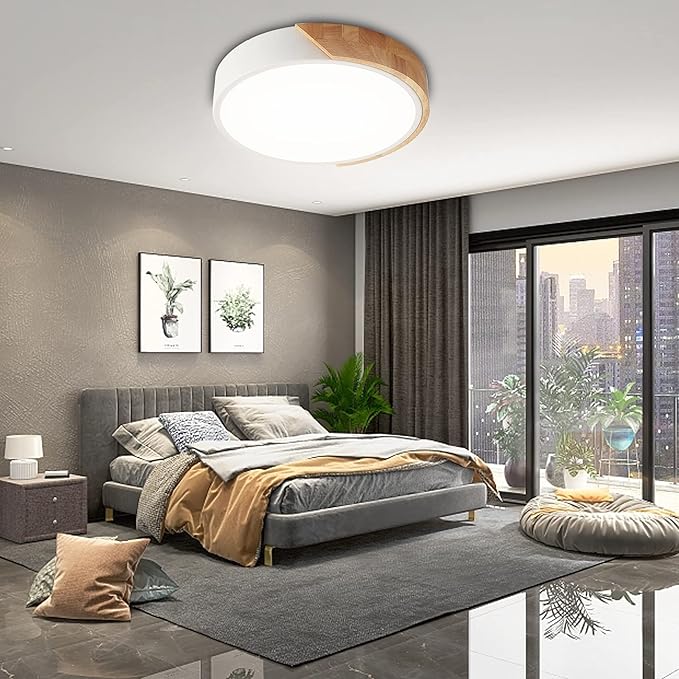 Flush Mount Ceiling Light, 12 inch LED Ceiling Light Fixture, Matte White with Wood, 4500K/24W(150w Equiv.), Not Dimmable Indoor Lighting Fixtures Ceiling for Bedroom and Hallway