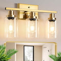 Ascher Bathroom Vanity Light Fixtures, 3 Light Wall Sconces Lighting with Clear Glass Shade, Gold Wall Lights for Mirror, Kitchen, Living Room, Gallery, E26 Base (Bulbs Not Included)