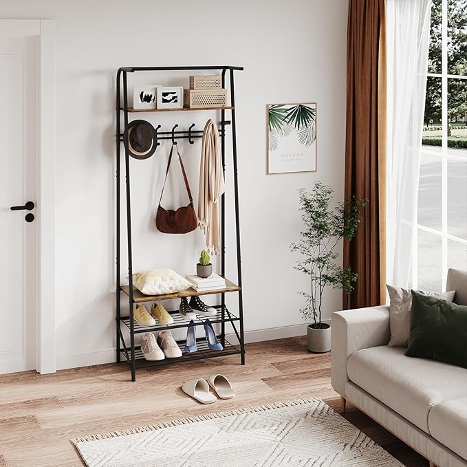 Coat Rack Hall Tree with Shoe Storage Bench, 4-in-1 Entryway Organizer, 5 Hooks & 3-Tier Shoe Rack, Freestanding Metal Frame for Hallway, Front Door