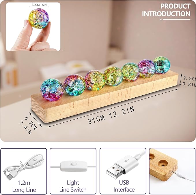 Set of 7 Crystal Balls Night Light Decor Healing Spheres with LED Wooden Stand for Meditation Energy Balancing Home Office Decoration Valentines Gifts for Women
