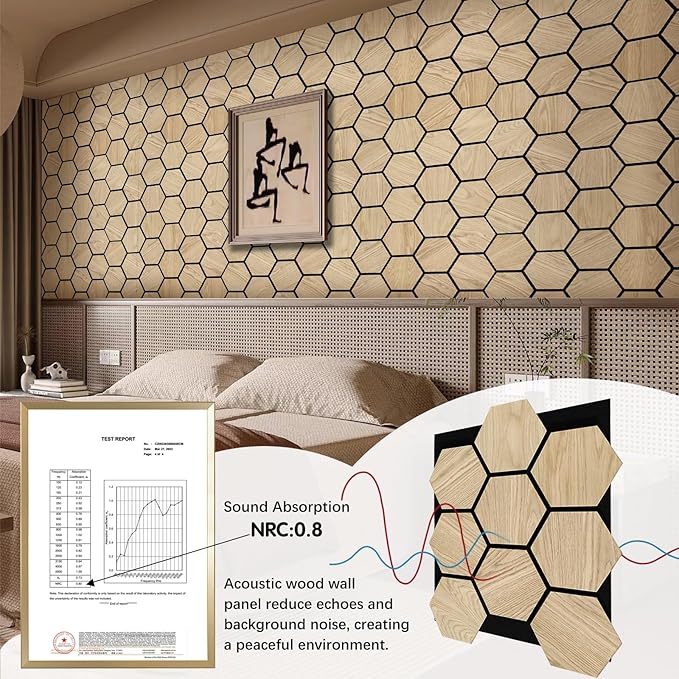 ARMURO Hexagon Wall Panels - 4 PCS Wood Panels for Wall - Natural Oak Wood Veneer Hexagon Sound Panels - Sound Absorbing Panels for Walls and Ceiling (23.8" W x 29" L)