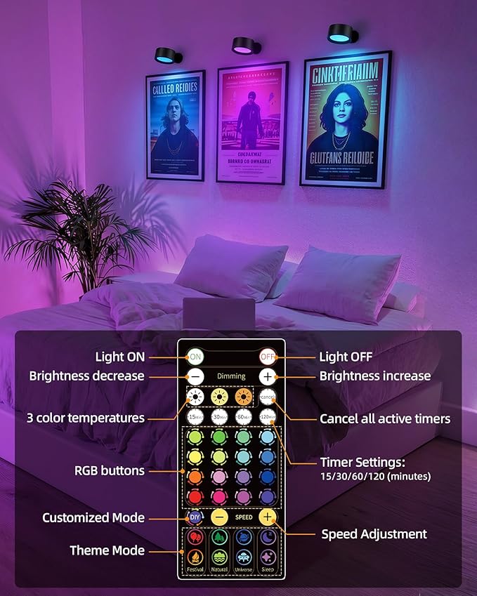 Wall Mounted Lights, 2 Pack Rechargeable RGB Color Changing Light, 3 Color Temps & Remote and Touch, 360°Rotation Dimmable Cordless for Study Bedroom Reading Bedside (Black)
