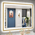 50x40 Gold Beveled LED Bathroom Mirror with Lights, Brushed Gold Framed Backlit and Front Lit Anti-Fog Lighted Vanity Mirrors for Bathroom Wall, Dimmable, 3 Colors, Memory, HD Tempered Glass