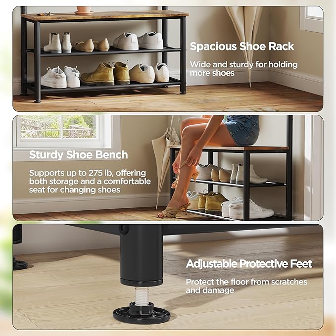 Yaheetech 3-in-1 Hall Tree, Coat Rack Shoe Bench with 11 Removable Hooks and Storage Metal Shelves, Industrial Entryway Storage Bench, Easy Assembly, 33.5× 13.5× 73 Inches, Rustic Brown
