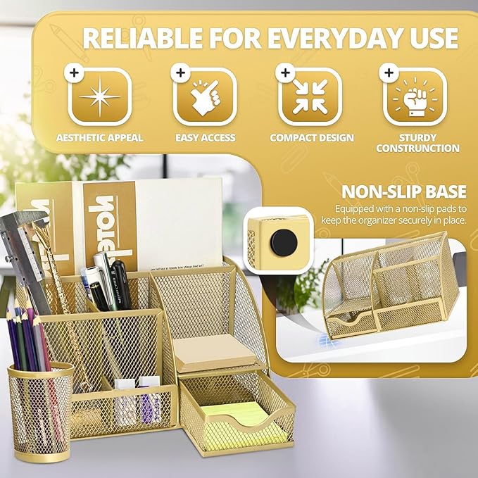 Flexzion Desk Caddy Organizer Set (Gold) - Metal Mesh Desktop Caddy with Drawers, 6 Compartments, and Pencil Holder for Women & Men - Desktop Organizer and Storage for Work or Office Supplies