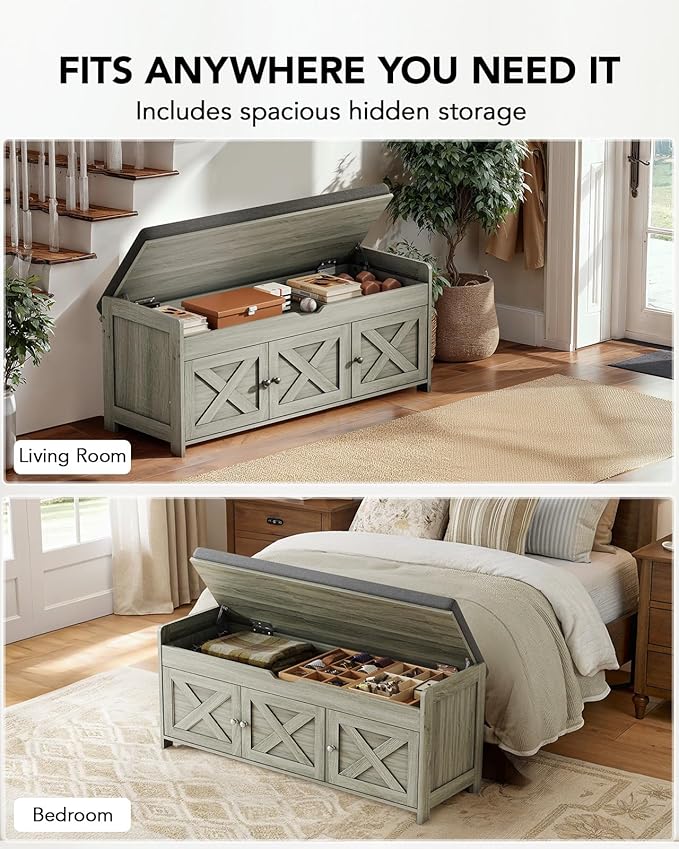 Amada Shoe Bench, 39.4” Entryway Bench with Cushioned Seat & Lift Top Storage, Adjustable Shelf, 300 lbs Capacity, 2-Tier Storage Bench with Shoe Rack for Entryway, Bedroom, Gray