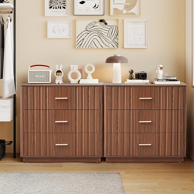 Fluted Dresser for Bedroom with 3 Drawers,31.5"Wide Modern Chest of Drawers with Metal Handle,Large Storage Dresser, Wood Closet Clothes Storage Organizer for Nursery Living Room Hallway,Walnut 2 Sets