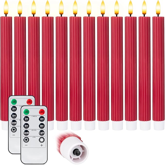 12 Pack, 10" LED Flameless Red Fluted Ribbed Grooved Taper Candles, Remote & 24h Timer Memory, On/Off Button, Dimmable, Flicker Mode, Battery Operated, Christmas Menorah Wedding