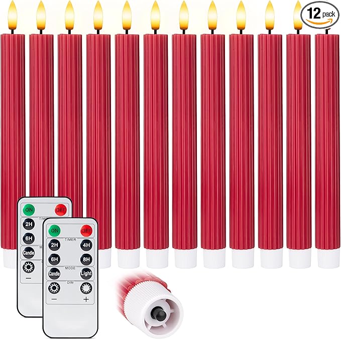WYZworks 10" Fluted Ribbed LED Red Grooved Pillar Candles, Remote & 24h Timer Memory, On/Off Switch - Flameless Dimmable Battery Operated w/Flicker Mode, Home Wedding Decor (12 Pack)