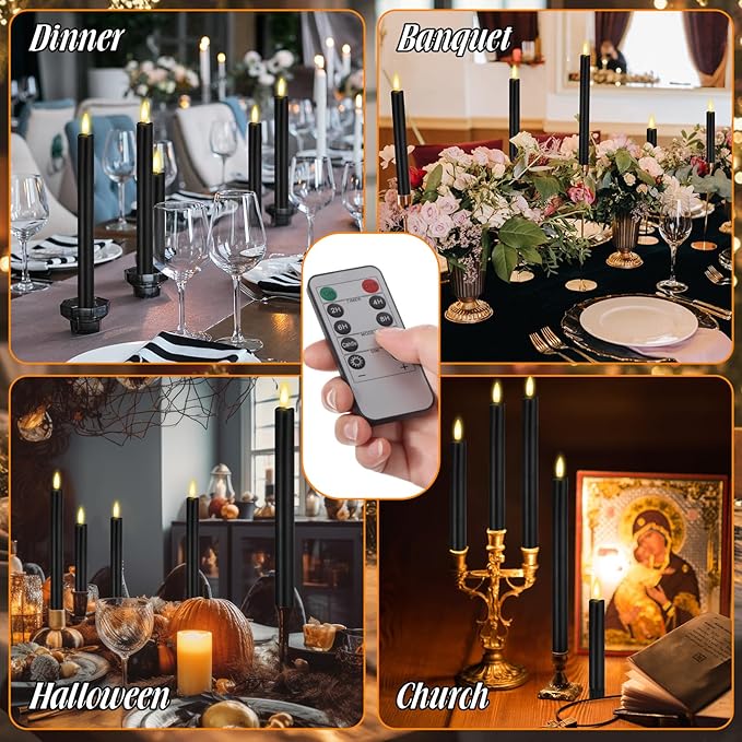 10 Pcs Flameless Taper Candles with Remote Battery Operated Taper Candles Include 6.5'' 7.7" 8.9" 10" 11.2" Fake LED Electric Candle Sticks for Valentine's Day Home Wedding Decor (Black)