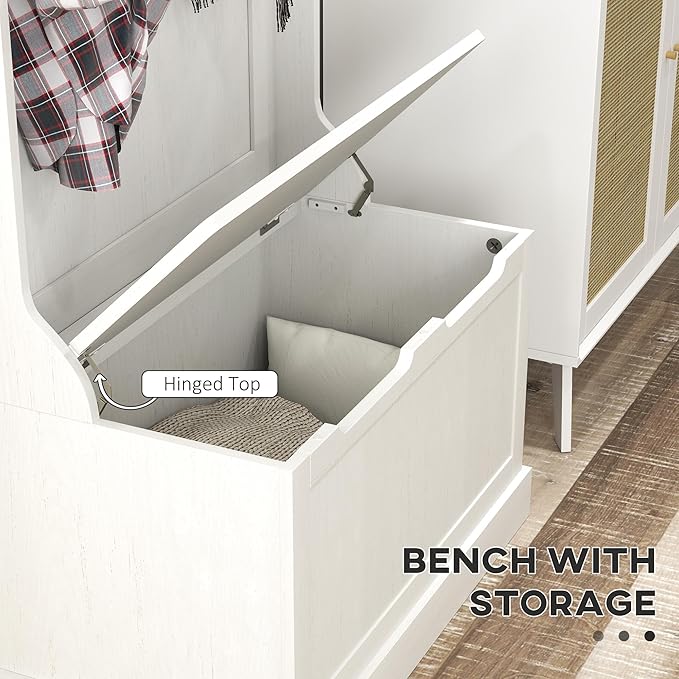 HOMCOM Hall Tree with Bench and Shoe Storage, 3-In-1 Entryway Bench with Coat Rack, 4 Hooks and Flip Top Storage Compartment, Cream White