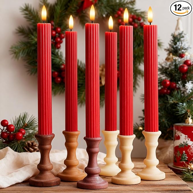 12 Pack, 10" LED Flameless Red Fluted Ribbed Grooved Taper Candles, Remote & 24h Timer Memory, On/Off Button, Dimmable, Flicker Mode, Battery Operated, Christmas Menorah Wedding