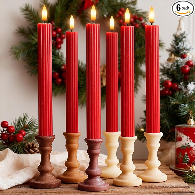 6 Pack, 10" LED Flameless Red Fluted Ribbed Grooved Taper Candles, Remote & 24h Timer Memory, On/Off Button, Dimmable, Flicker Mode, Battery Operated, Christmas Menorah Wedding
