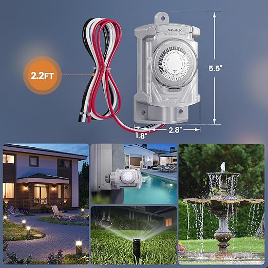 SURAIELEC 20 AMP 24 Hour Mechanical Timer Switch for Outdoor Electrical Boxes, 120V Power Control, for Waterproof Junction Box, RV Outlet, Driveway, Pool Light, Security System, Holiday Decorations