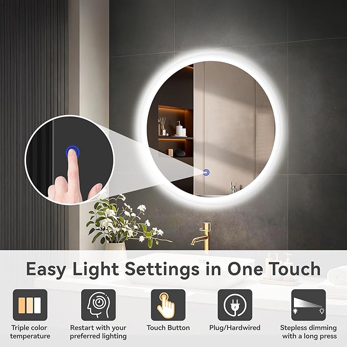 20“ x 20” LED Bathroom Smart Mirror, Round Mirror with Three Color Light Temperature Brightness Settings,Backlit + Front Lit,Wall-Mounted Vanity Mirror with Memory Function