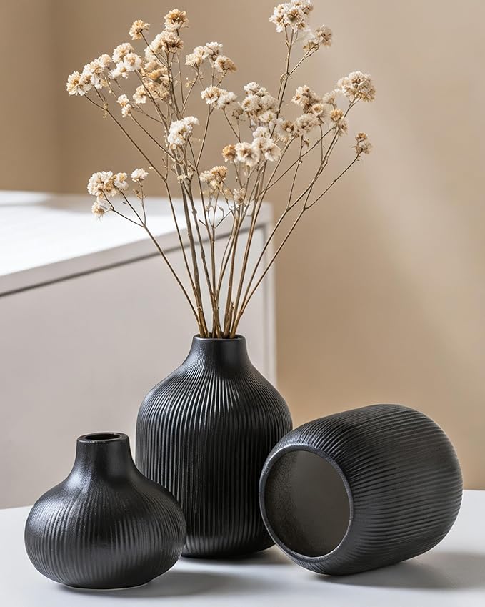 Black Ceramic Vase Set 3 Modern Style Decor Farmhouse Home Living Room Dining Table Room Desk Pottery Small Vases