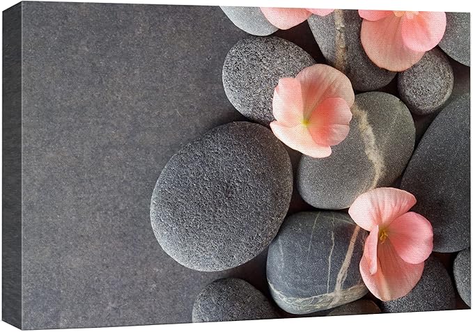 wall26 Canvas Print Wall Art Gray Stones with Pink Daisy Flowers Floral Nature Photography Realism Bohemian Scenic Relax/Calm Cool for Living Room, Bedroom, Office - 32"x48"