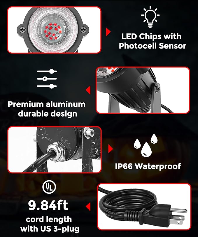 L LOHAS LED Red Christmas Spot Lights Outdoor, 10W Dusk to Dawn Sensor Landscape Spotlights for Yard, IP66 Waterproof Pathway Garden Outside Lights, 9.84-ft Cord, Red Lawn Decor Lamp, UL Listed,2Pack