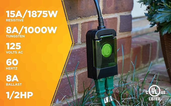 Woods 50011 Outdoor 24-Hour Plug-in Mechanical Timer with 2 Grounded Outlets; Energy Saving; Quick Tool Free; Weatherproof Housing; Programmable Settings; 6-Inch Cord; Black | (Pack of 6)