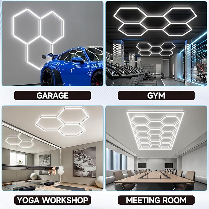 Hexagon Garage Lights Super Bright LED 6500K 128W 15360LM Honeycomb Hexagon Ceiling Light Fixture, Hex LED Wall Mount Lighting for Garage Home Gym Basement Workshop (3 HEX)