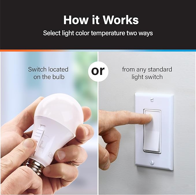Feit Electric A19 LED Light Bulb, 75W Equivalent, Dimmable, Color Selectable 6-Way, 5CCT, E26 Medium Base, 90 CRI, 1100 Lumens, Damp Rated Lightbulb, 22-Year Lifetime, OM75DM/6WYCA/2, 2 Pack