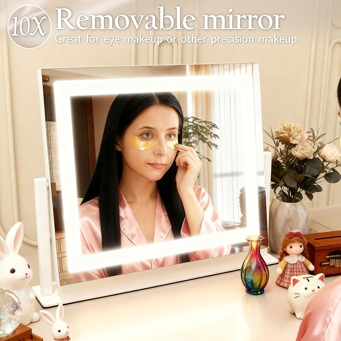 HNV 16"x13" Vanity Mirror with Lights, Rectangular Lighted Makeup Mirror with 10X Magnification, 3 Color Modes & Brightness Adjustable, Smart Touch, 360° Rotation Tabletop Mirror for Bedroom (White)