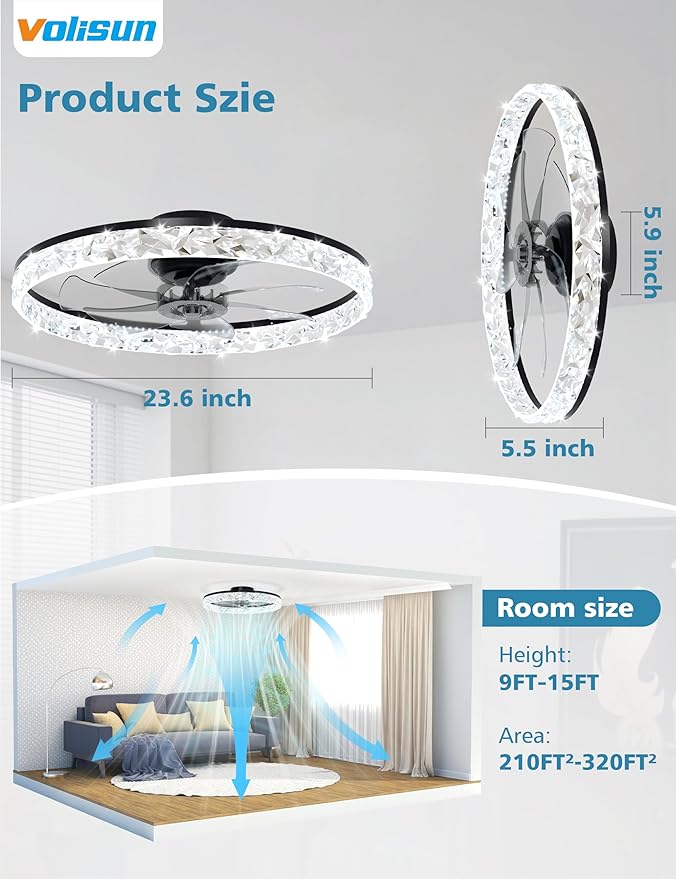 VOLISUN Low Profile Ceiling Fan with Lights and Remote, 24in Modern Ceiling Fans Flush Mount, 3000K-6500K Dimmable Bladeless LED Fan Light, Black Fandelier Ceiling Fans with Lights for Bedroom