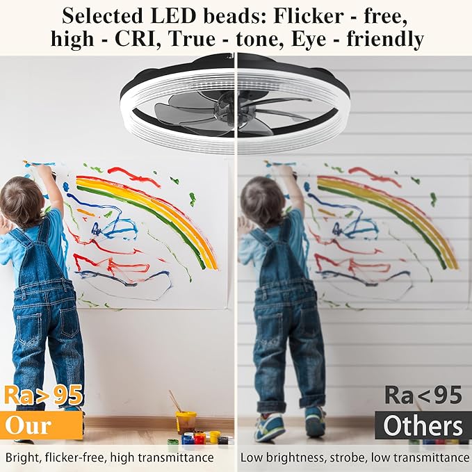 Ceiling Fans with Lights and Remote Fandelier - Black 20'' Flush Mount Low Profile Modern Ceiling Fans for Bedroom - Stepless Color Temperature and 6 Speeds