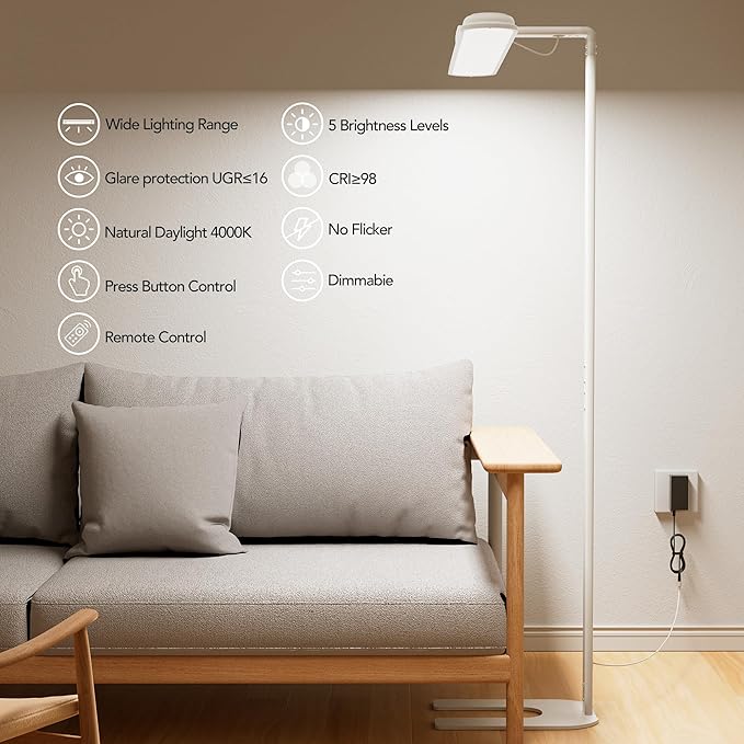 Eye-Caring LED Floor Lamp, 63'' Dimmable Timing Standing Light with Remote, Super Bright Natural Daylight Reading Lamp for Bedroom, Study Room, Living Room, Home Office