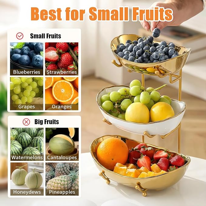 Ceramic Fruit Bowl for Kitchen Counter - 3 Tier Fruit Basket with Metal Stand, Tiered Fruit Stand for Countertop, Snack, Nuts, Cake, Dessert, Small & Cute (Gold & White,Small)