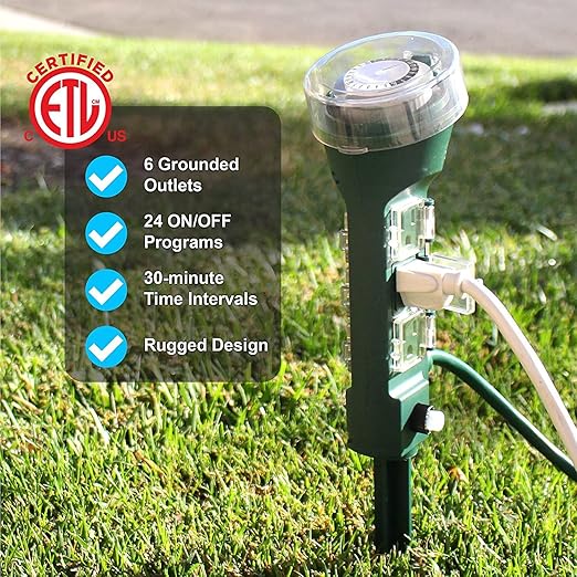 Clear Power Outdoor Power Strip Yard Stake Programmable Mechanical Timer, 6 Grounded Outlets - 6 ft Cord, Weatherproof for Outdoor Lamps Lights Ponds Christmas Lights DCOT-0007-DC