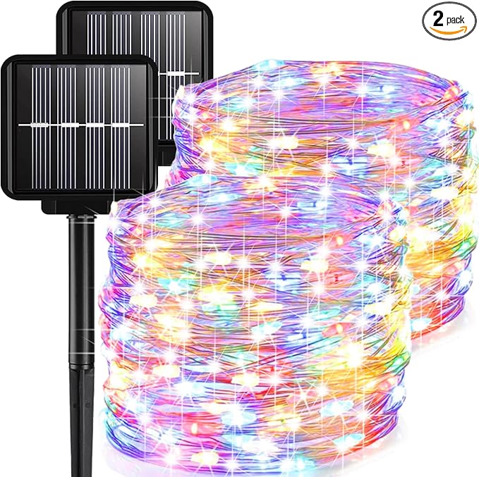 2 Pack Solar Fairy Lights Outdoor, 33 Feet 100 LEDs 8 Modes String Lights for Outside, Waterproof Solar Outdoor Light for Patio Yard Christmas Tree Halloween Wedding Party Decorations, Colorful