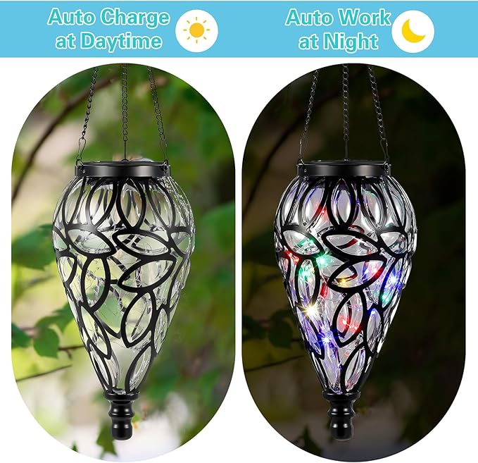 2 Set Solar Hanging Lantern Lights Outdoor Chandelier Moroccan Hanging Solar Light Tear-Shaped 15 LEDs Cool White with S Hooks for Summer Garden Yard Pathway Landscape Porch Decor(Multi-Color)