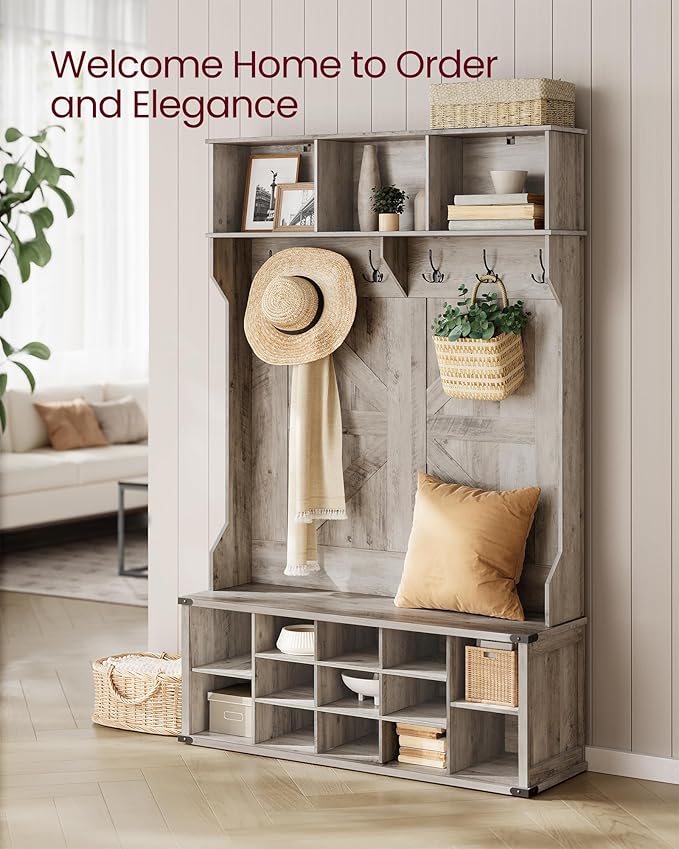 VASAGLE Hall Tree with Bench and Shoe Storage, Coat Rack with Shoe Bench, Entryway Furniture, 16 Open Compartments, 6 Tri-Hooks, Farmhouse Style, Space Saving, Heather Greige UHSR427K02