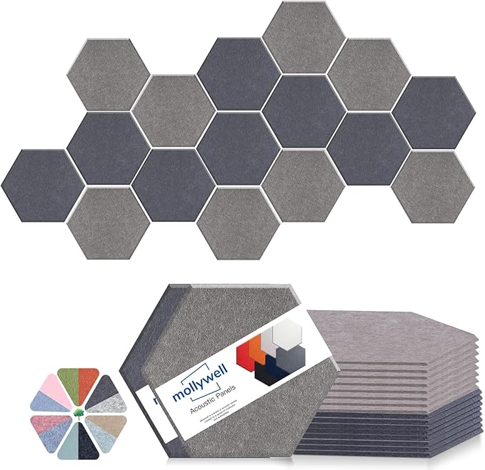 Mollywell Hexagon Acoustic Panels 14x12 - Reduce Echo & Reverb, Noise Blocking Wall Tiles for Living Room & Studio, Afraica & Moon Gray Sound Absorbing Panels